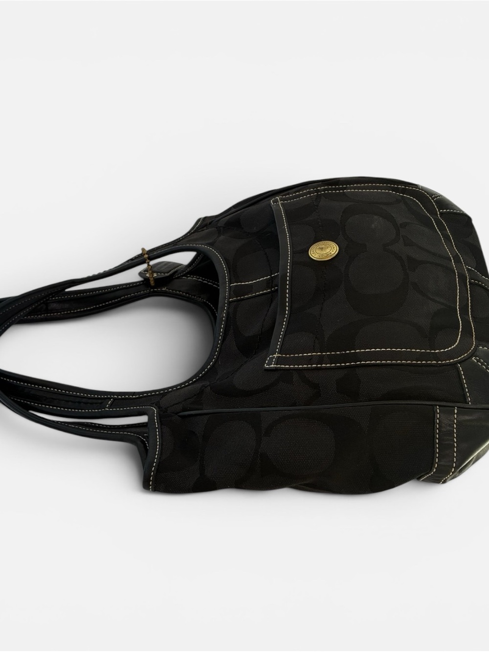 Coach Signature Black Jacquard Tote Bag Shoulder Handbag Leather Trim - Picture 6 of 10